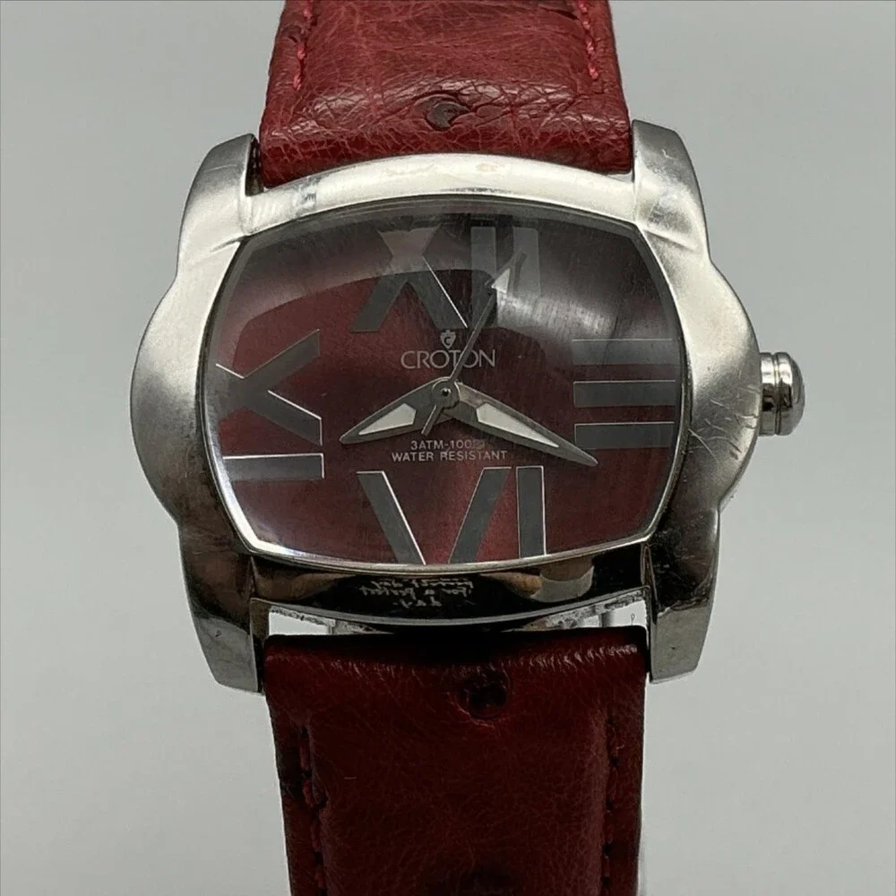 Croton Womens Watch 33mm Silver Tone Red Cushion Ostrich Leather New Battery